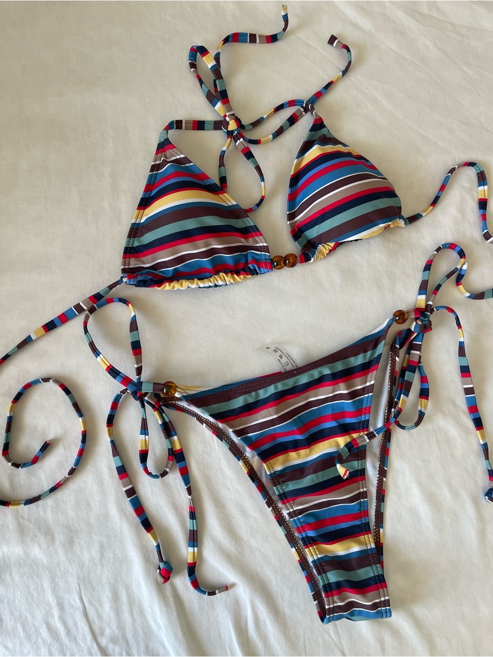 Striped Multicolor Tie-Side Triangle Bikini - Women's Swim
